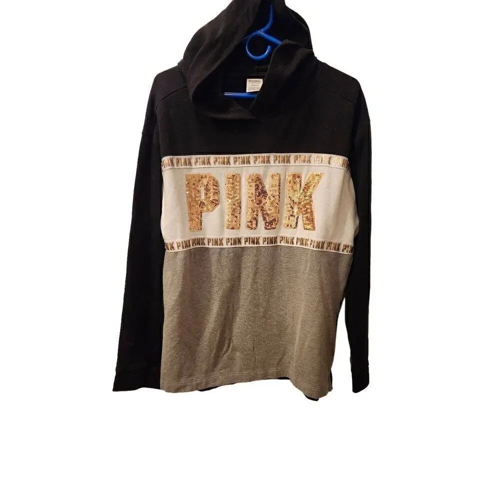 Victoria Secret PINK Sweater Womens Large Long Sleeve Spell Out Sequin Black *
